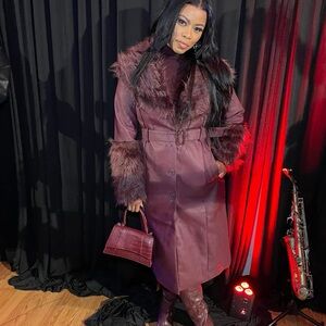 Fashion Nova Burgundy Faux Fur Trench Coat